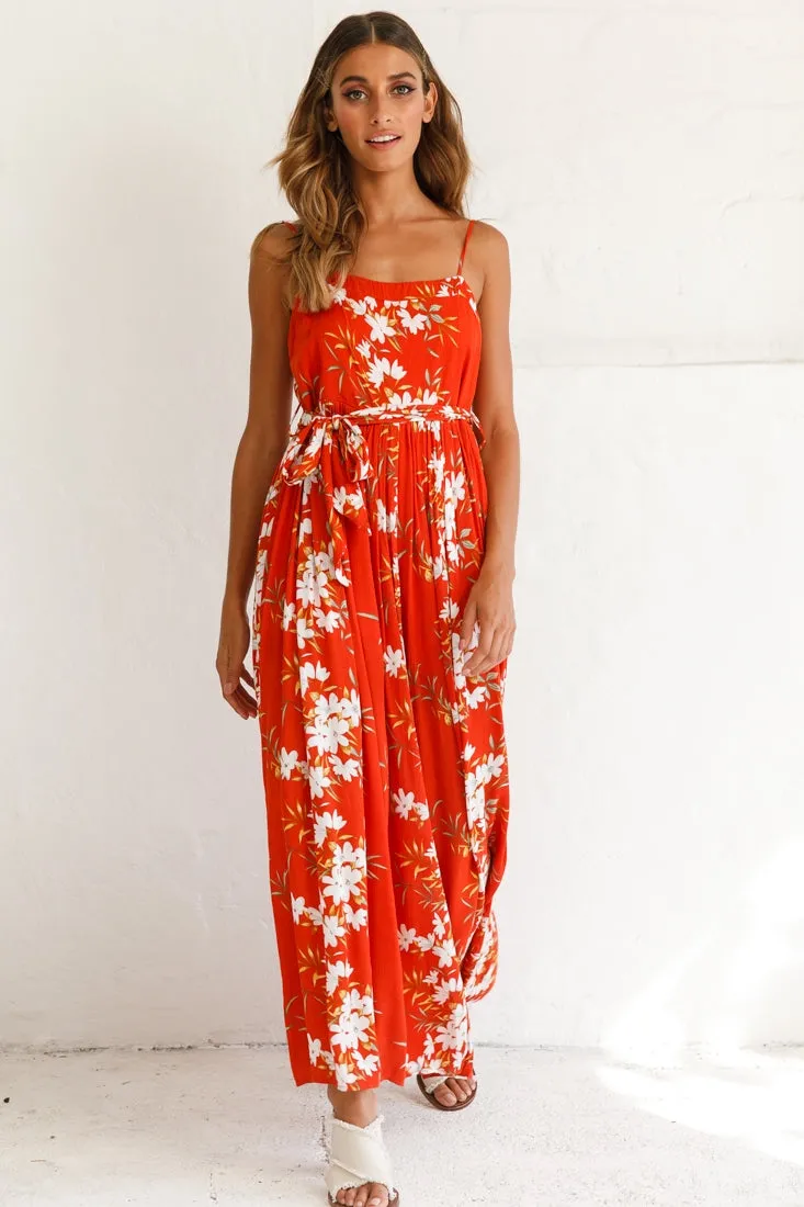 Morgan Square Neckline Wide-Leg Jumpsuit Floral Print Rust