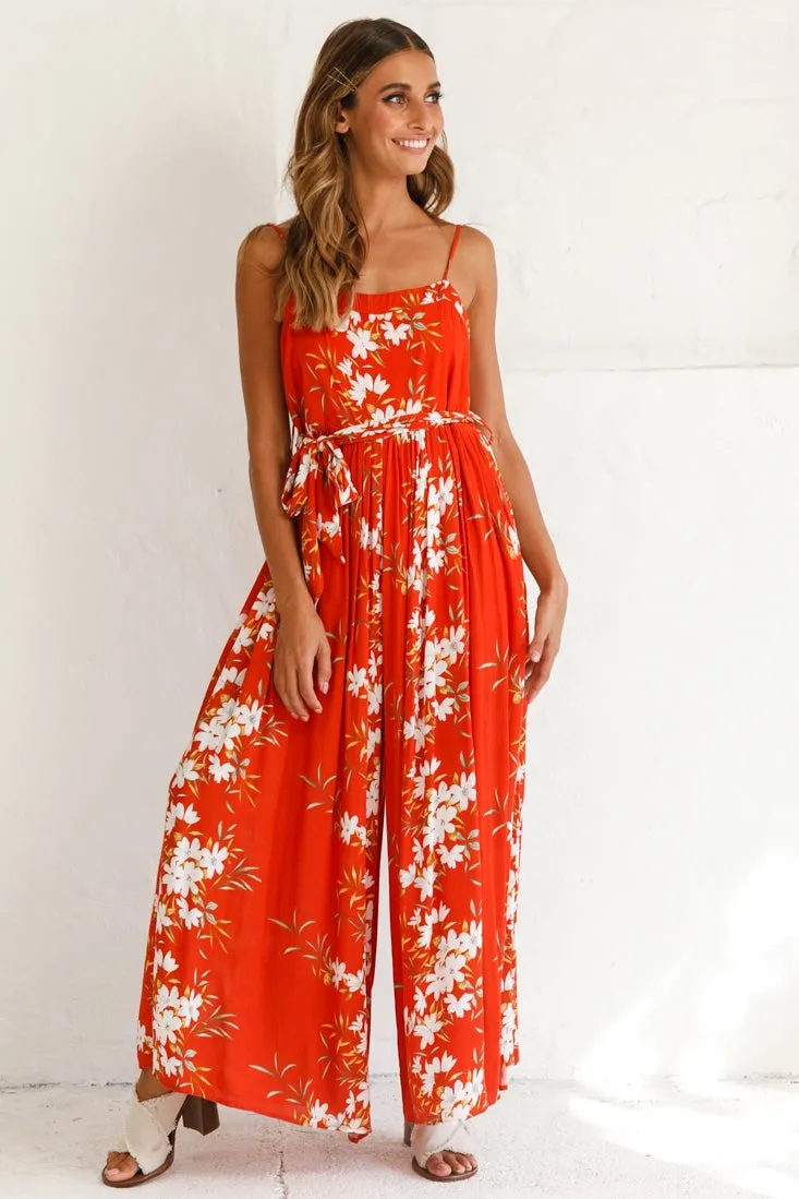 Morgan Square Neckline Wide-Leg Jumpsuit Floral Print Rust