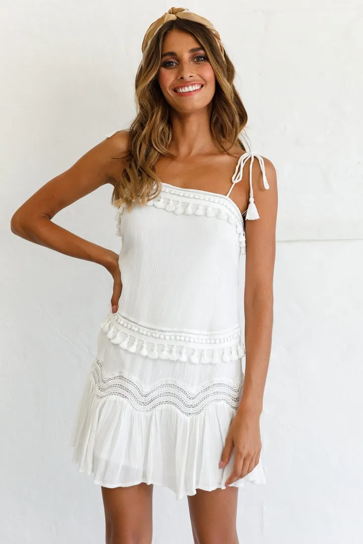 Ophira Dropped Waist Tassel Trim Shift Dress White