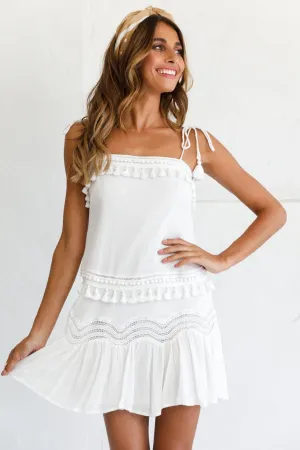 Ophira Dropped Waist Tassel Trim Shift Dress White