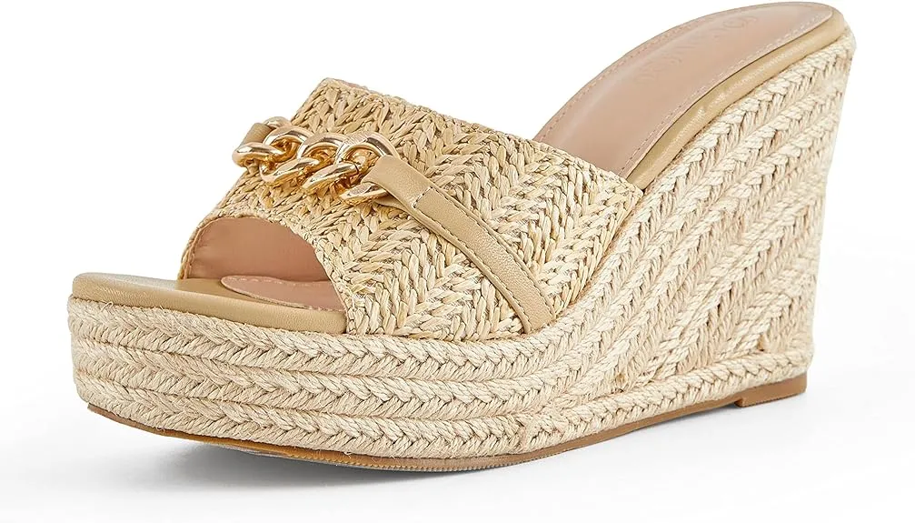 Platform Chain Beige Open Toe Espadrille Wedge Sandals