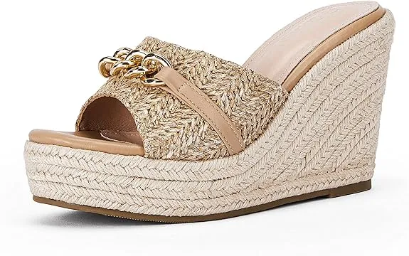 Platform Chain Beige Open Toe Espadrille Wedge Sandals