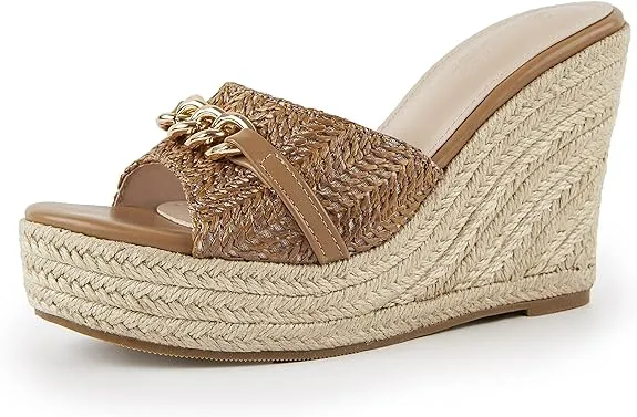 Platform Chain Beige Open Toe Espadrille Wedge Sandals