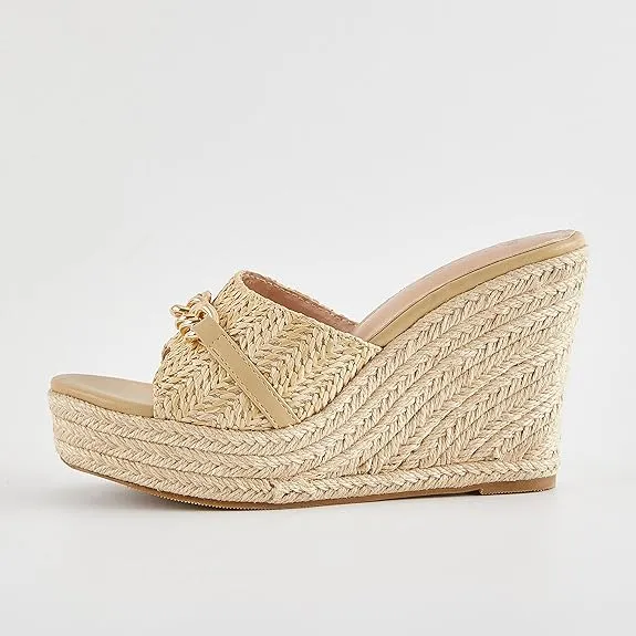 Platform Chain Beige Open Toe Espadrille Wedge Sandals