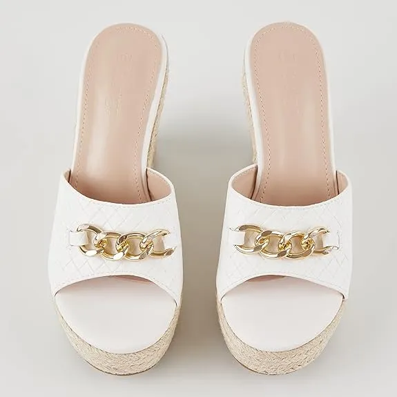 Platform Chain Beige Open Toe Espadrille Wedge Sandals