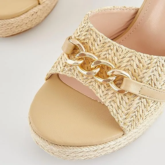 Platform Chain Beige Open Toe Espadrille Wedge Sandals