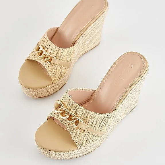 Platform Chain Beige Open Toe Espadrille Wedge Sandals