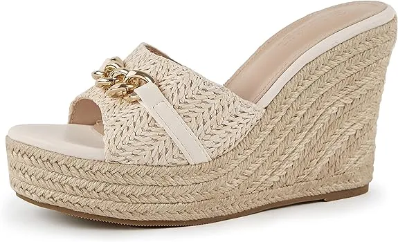 Platform Chain Beige Open Toe Espadrille Wedge Sandals