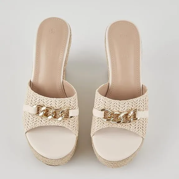 Platform Chain Beige Open Toe Espadrille Wedge Sandals