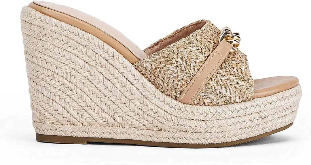 Platform Chain Beige Open Toe Espadrille Wedge Sandals