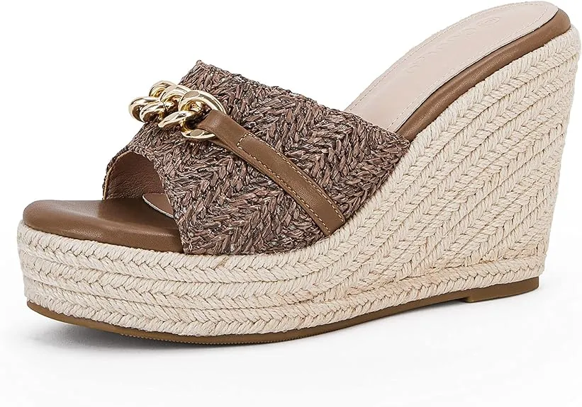 Platform Chain Beige Open Toe Espadrille Wedge Sandals