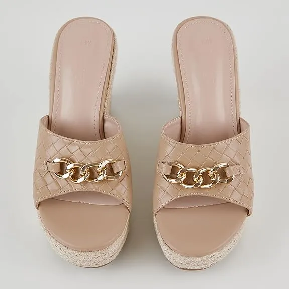 Platform Chain Beige Open Toe Espadrille Wedge Sandals