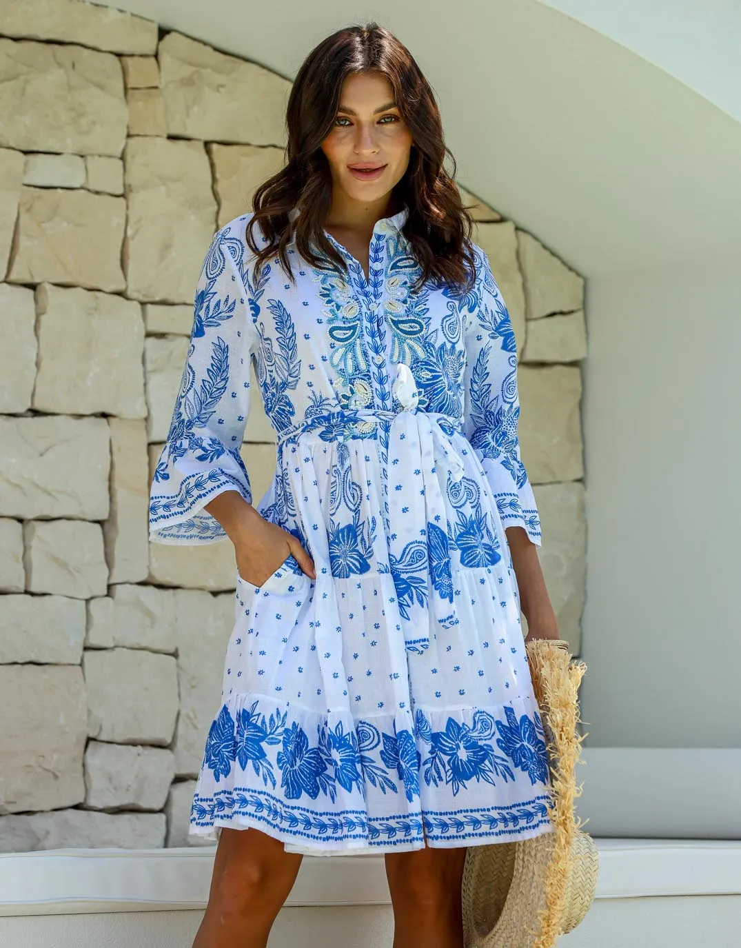 Rooftop Embroidered Tie Dress - White/Blue