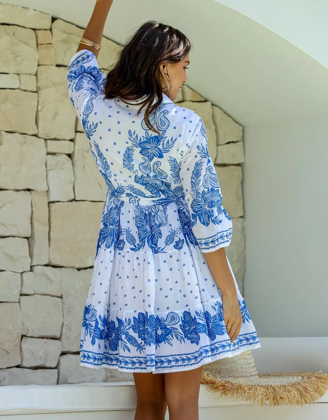 Rooftop Embroidered Tie Dress - White/Blue