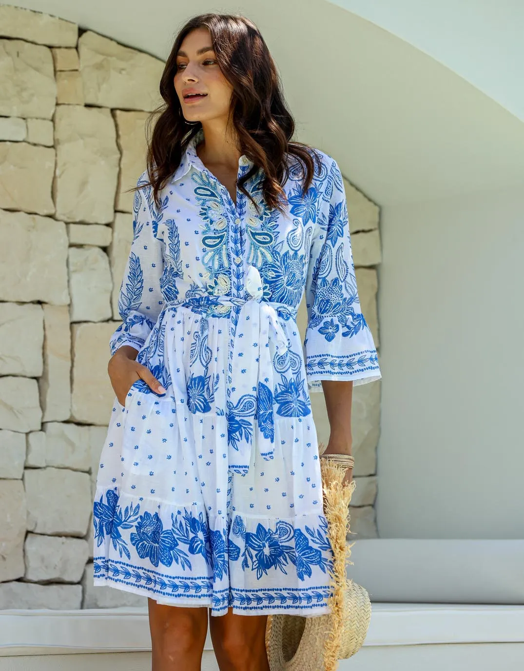 Rooftop Embroidered Tie Dress - White/Blue