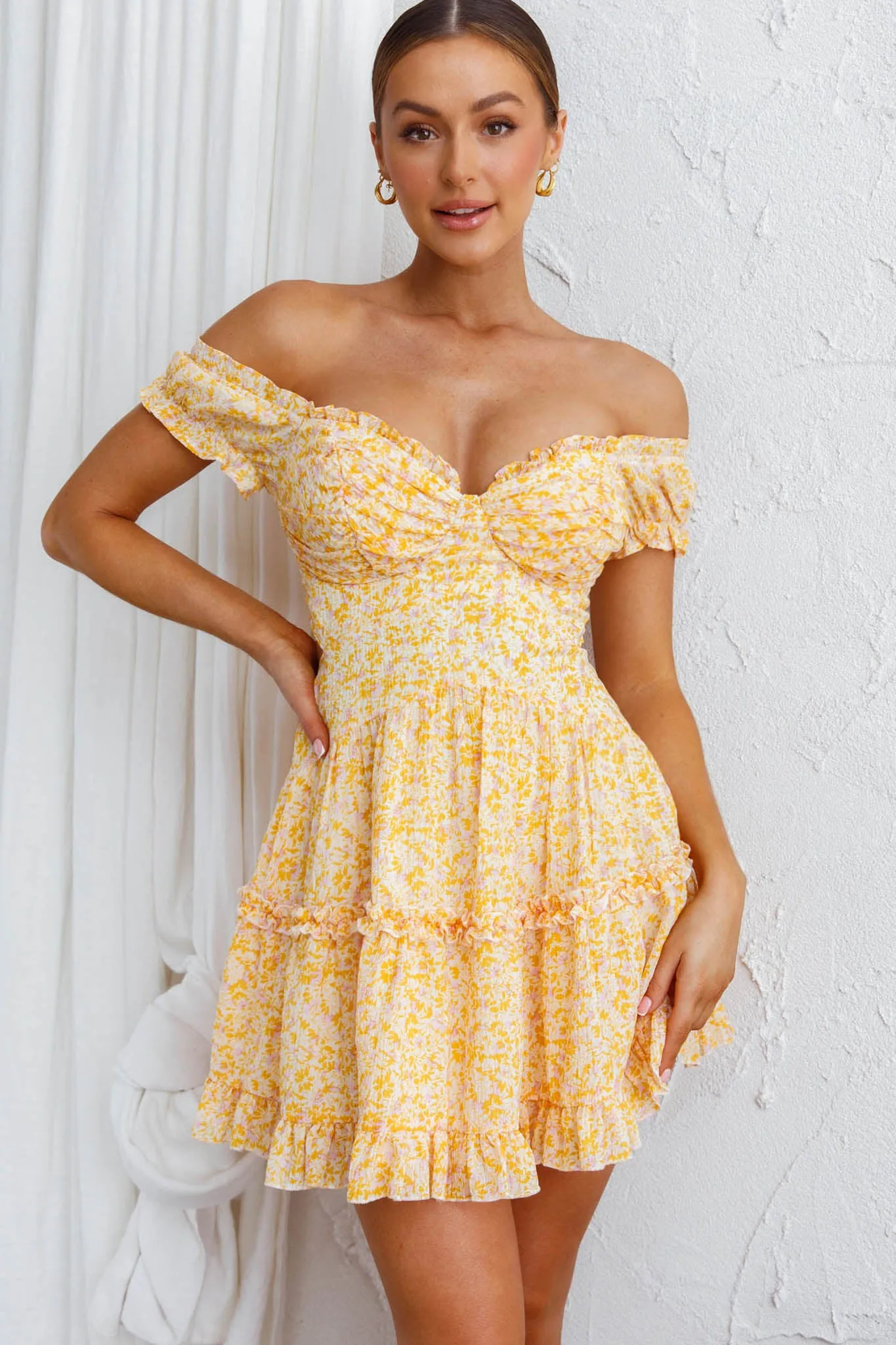 Run The World Off-Shoulder Mini Dress Floral Yellow