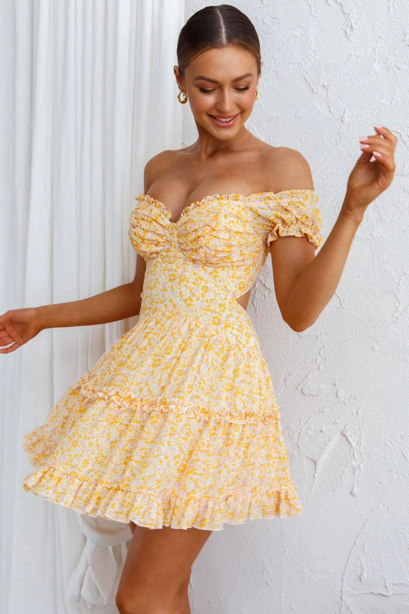 Run The World Off-Shoulder Mini Dress Floral Yellow