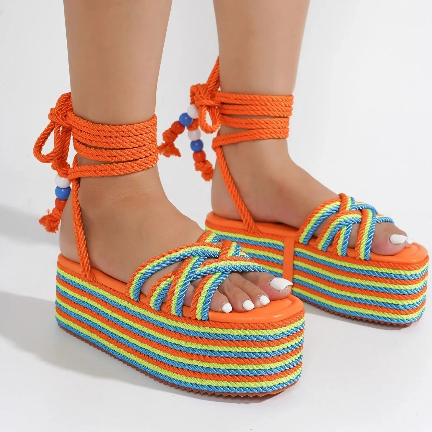 SANDRALYN Orange Multicolor Striped Rope Espadrille Sandals