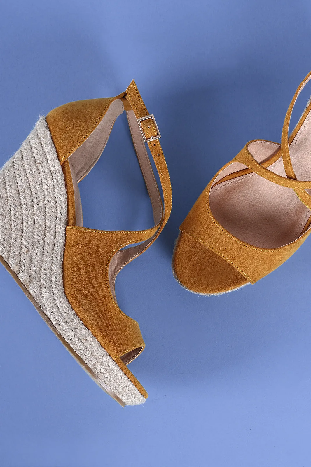 Suede Peep Toe Crisscross Strap Espadrille Platform Wedge