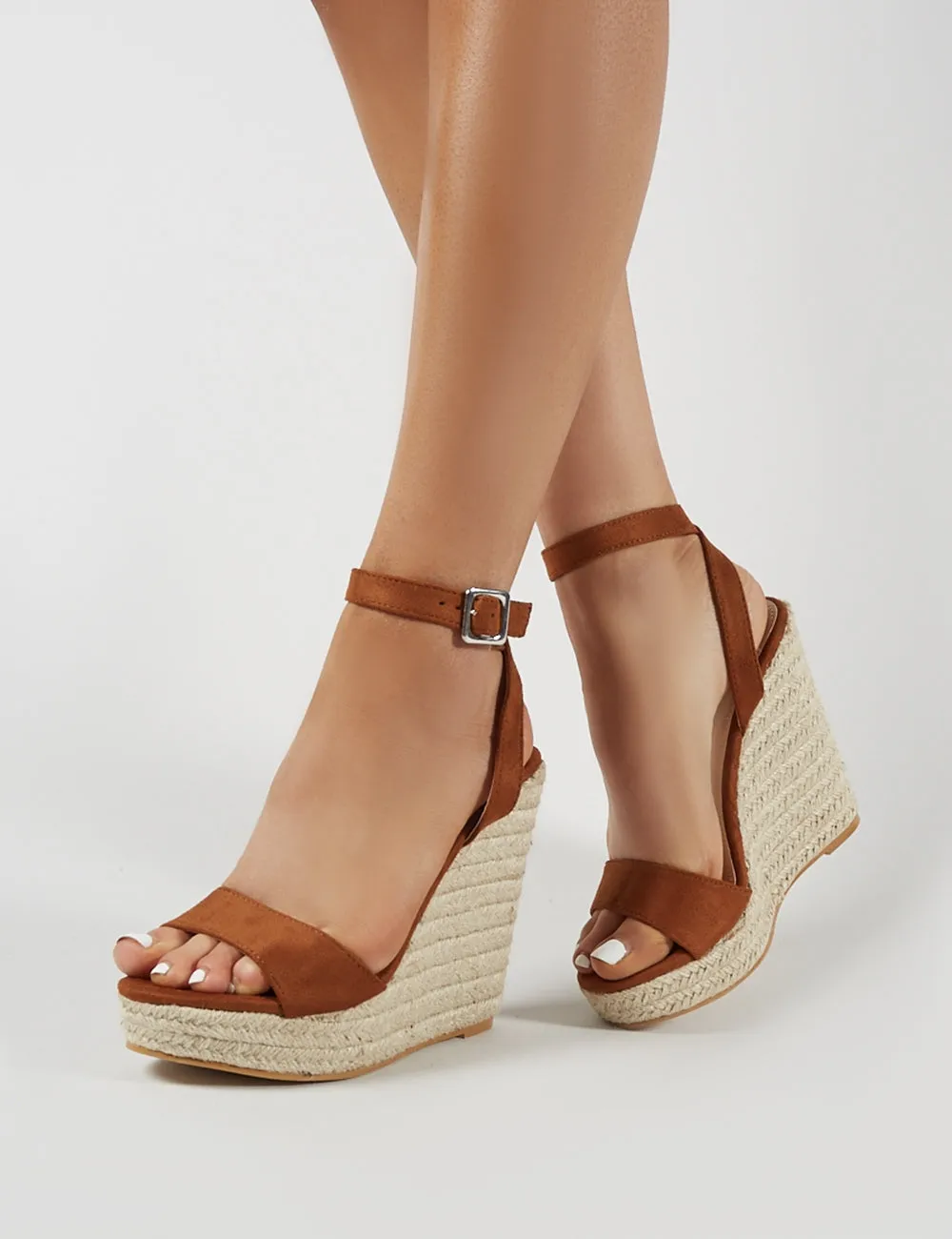 Sydney Espadrille Wedges in Tan Faux Suede