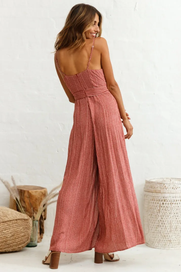 Taylor V-Neck Split Wide Leg Jumpsuit Stripe Pattern Rust