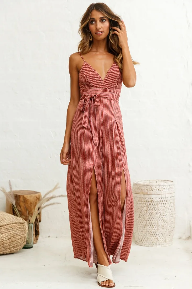 Taylor V-Neck Split Wide Leg Jumpsuit Stripe Pattern Rust