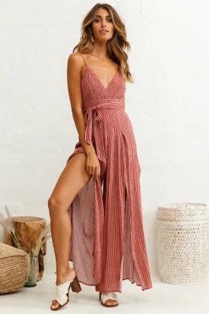 Taylor V-Neck Split Wide Leg Jumpsuit Stripe Pattern Rust