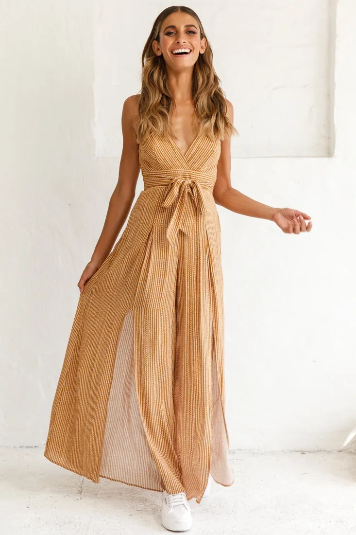 Taylor V-Neck Split Wide Leg Jumpsuit Stripe Print Mustard