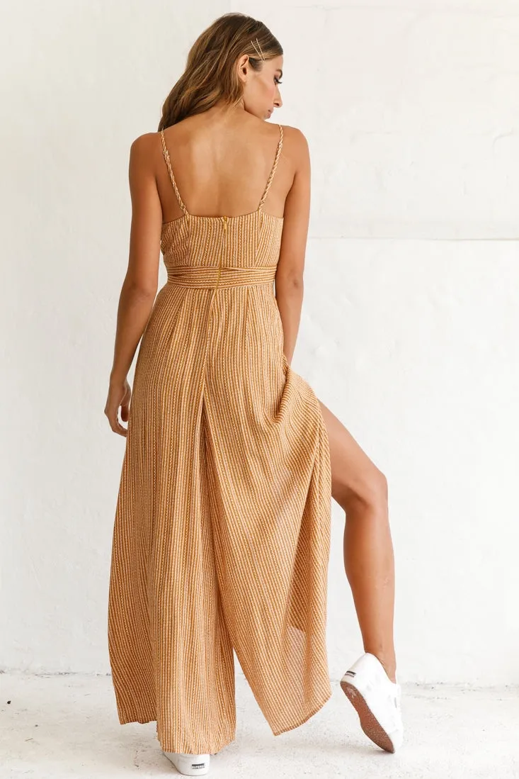 Taylor V-Neck Split Wide Leg Jumpsuit Stripe Print Mustard