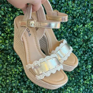 Whitney Crochet Laced Edge Gold Strap Wedges