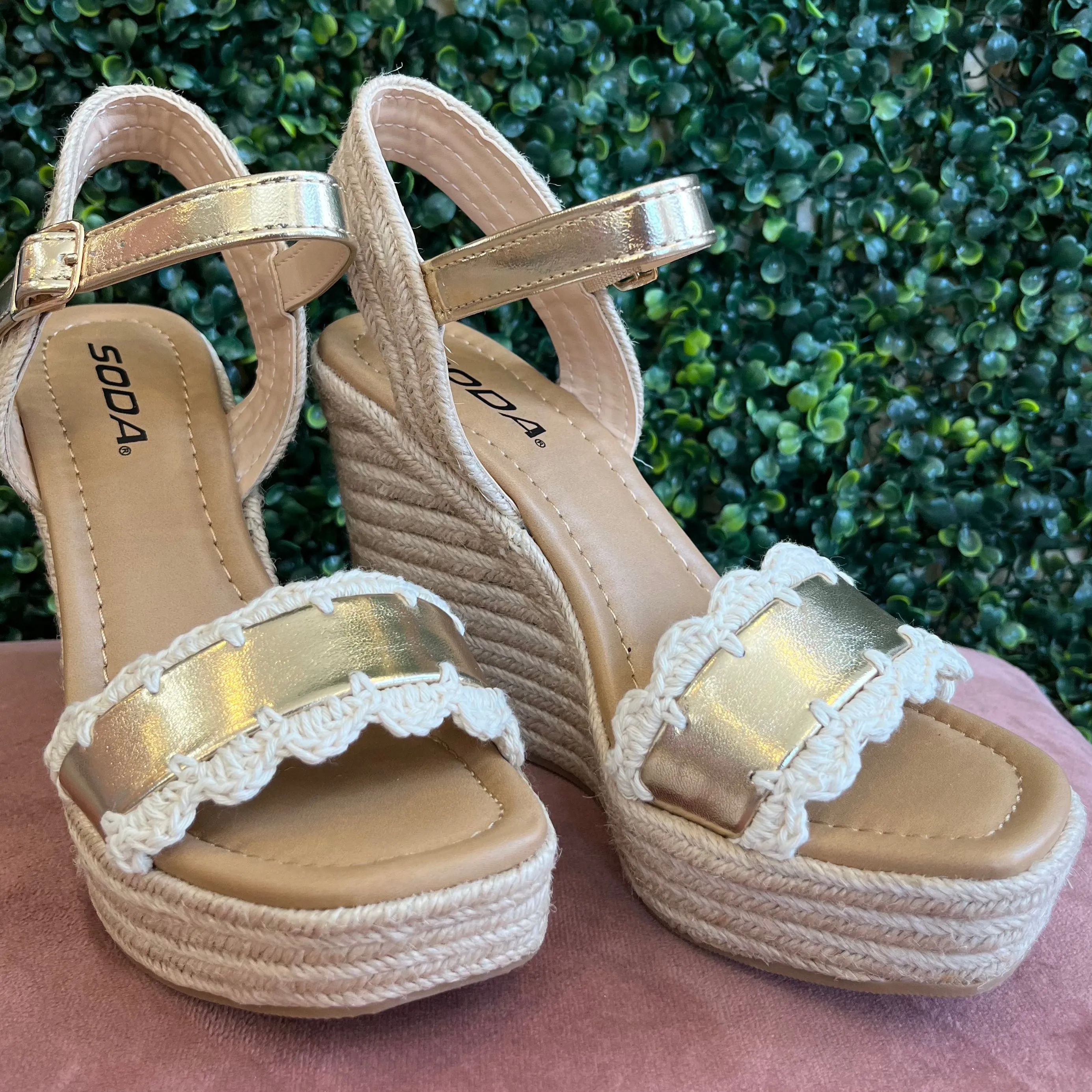 Whitney Crochet Laced Edge Gold Strap Wedges