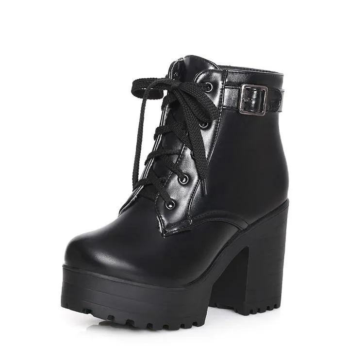 Women ankle buckle strap lace up block heel platform boots