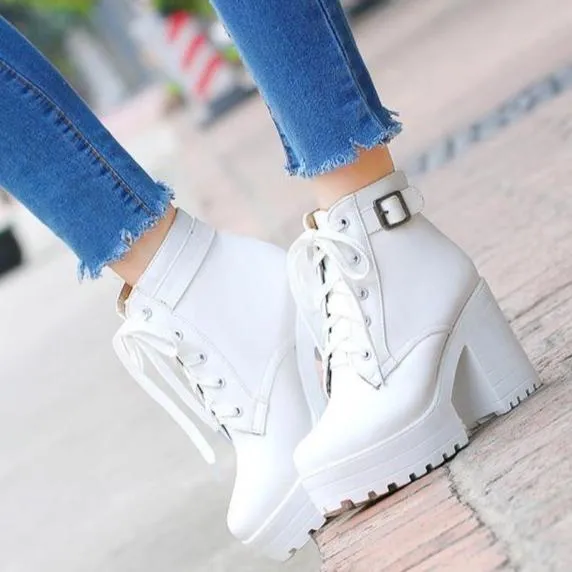 Women ankle buckle strap lace up block heel platform boots