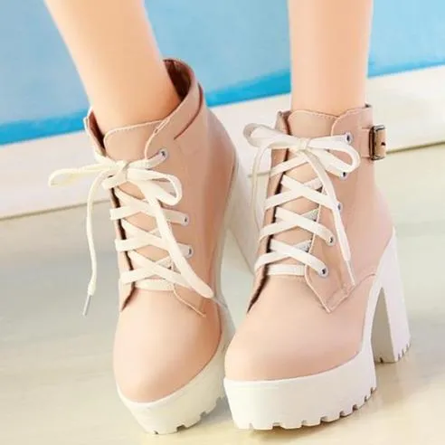 Women ankle buckle strap lace up block heel platform boots