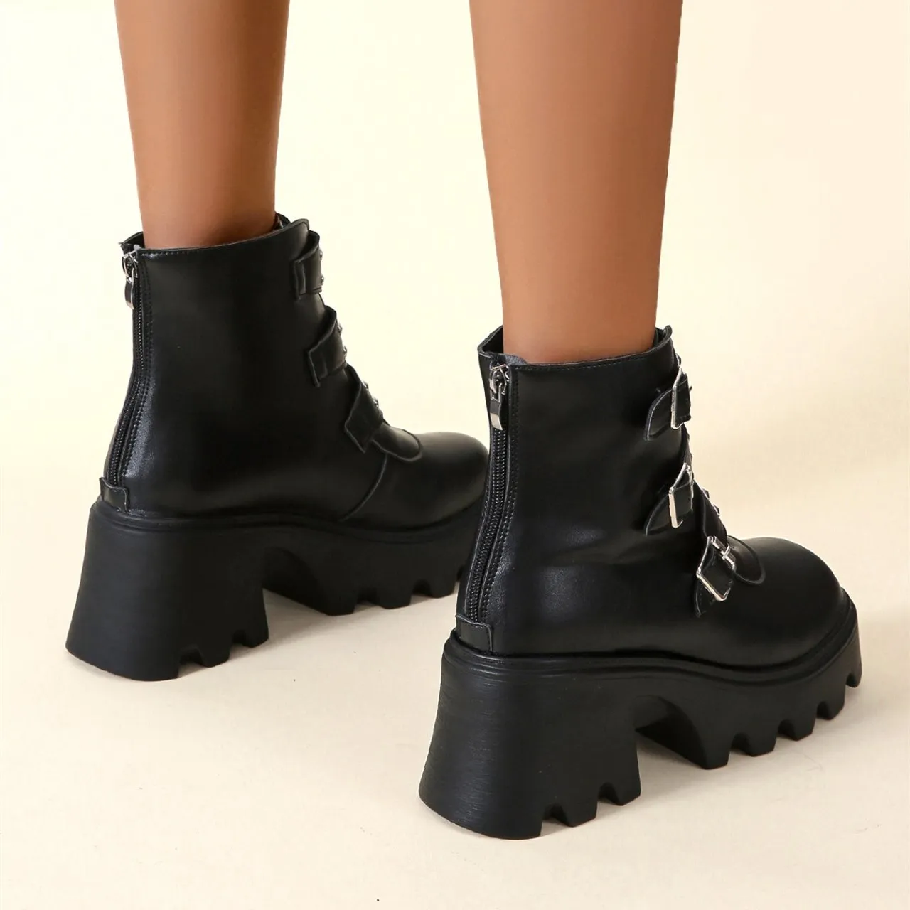 Women buckle strap back zipper chunky black platform boots