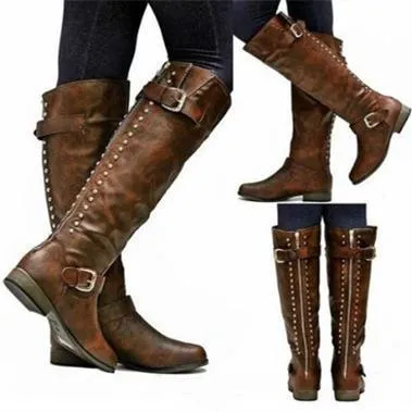 Women chunky heel studded buckle strap zipper knee high cowboy boots