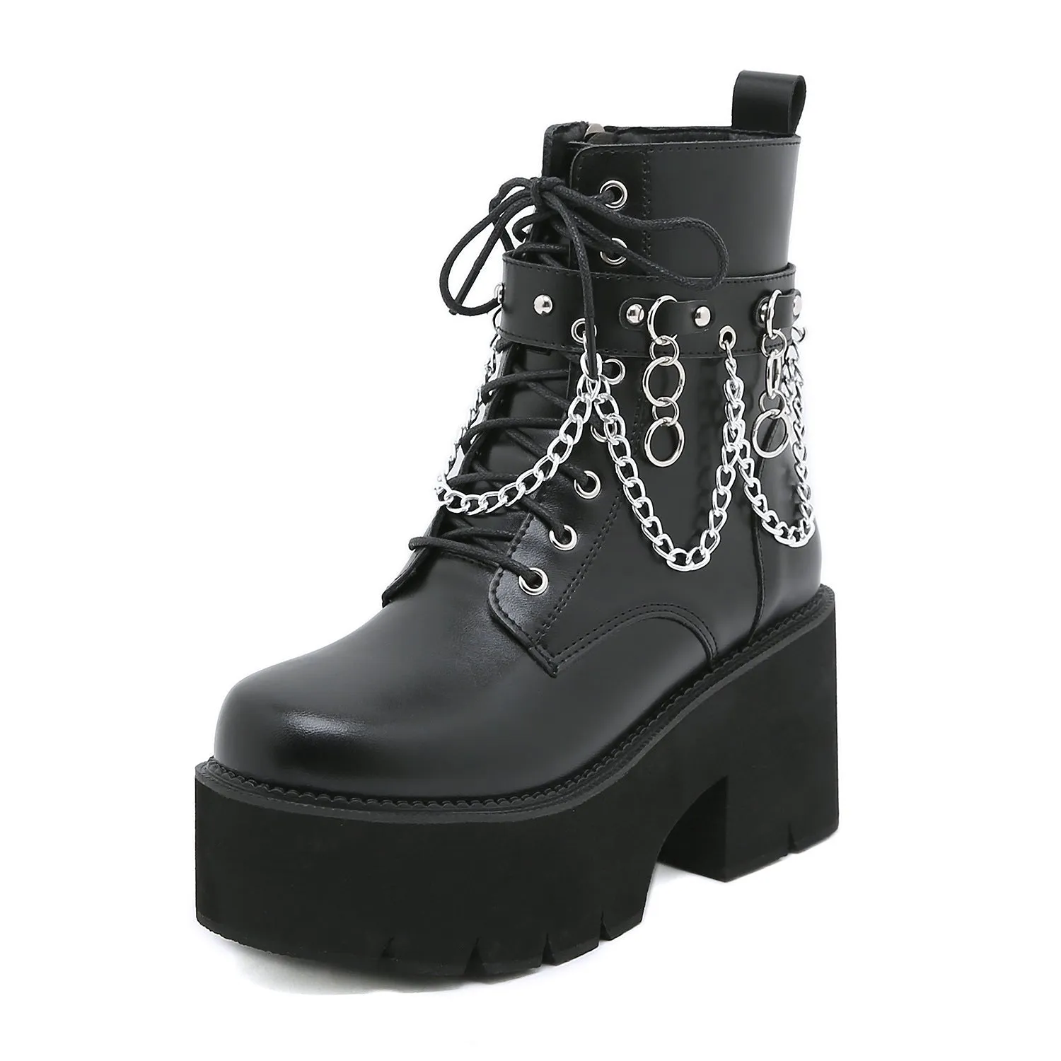 Women chunky platform chain  lace up short black boots