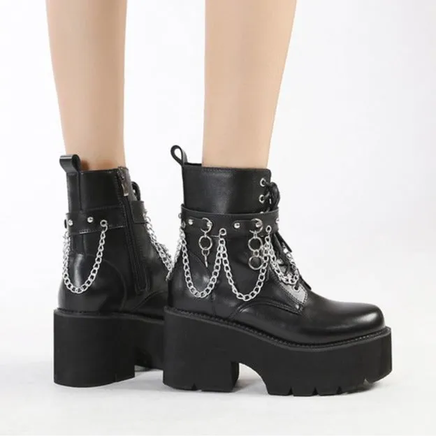 Women chunky platform chain  lace up short black boots