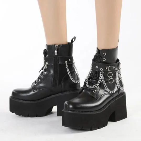 Women chunky platform chain  lace up short black boots