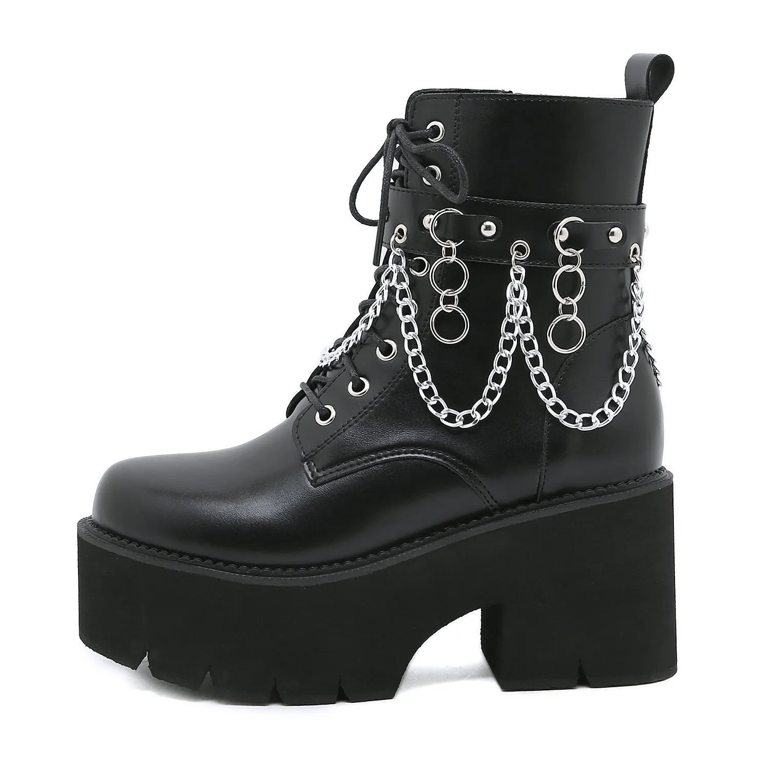 Women chunky platform chain  lace up short black boots