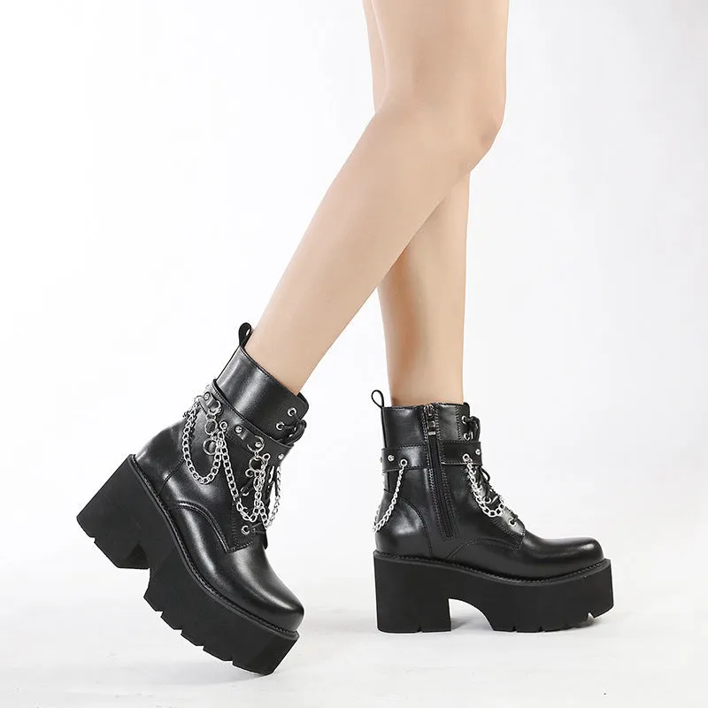 Women chunky platform chain  lace up short black boots