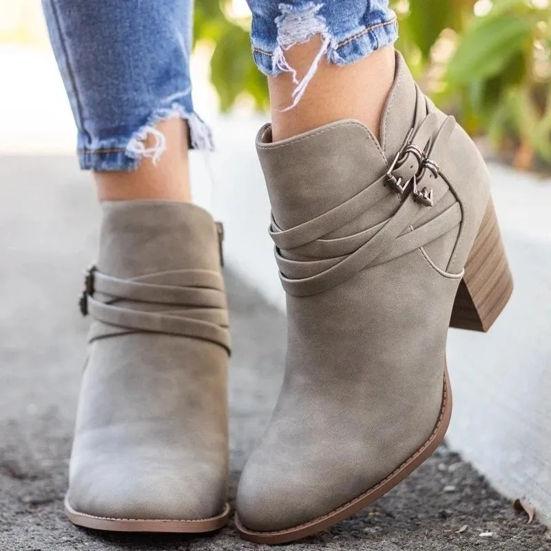 Women criss cross buckle strap chunky heel ankle boots