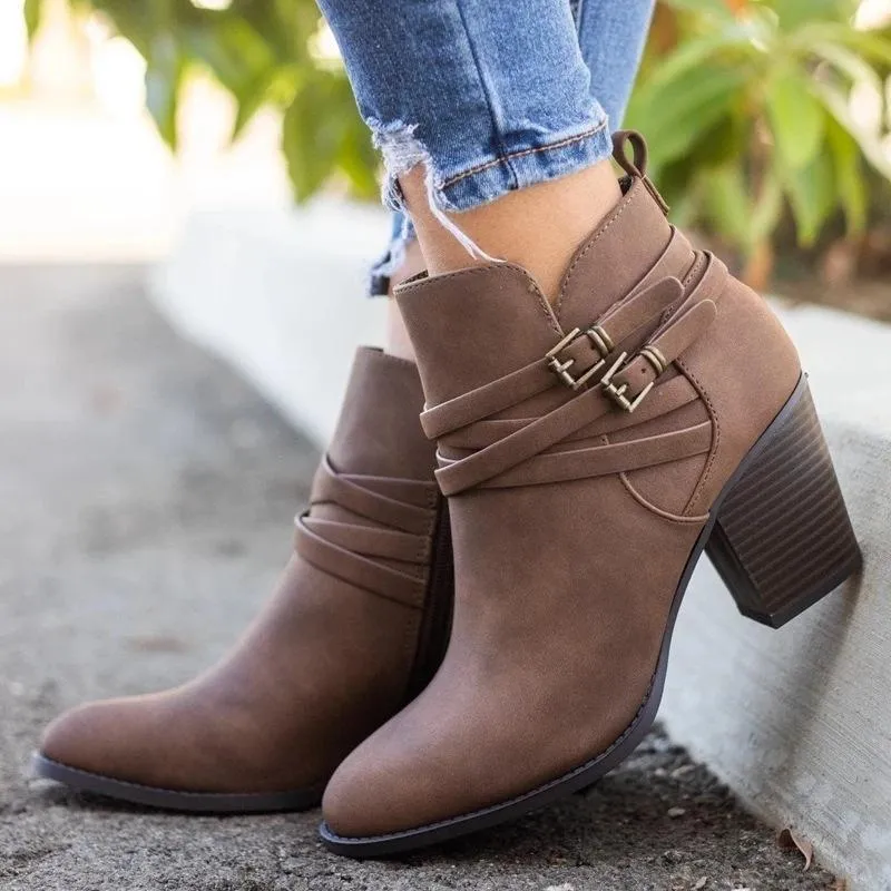 Women criss cross buckle strap chunky heel ankle boots