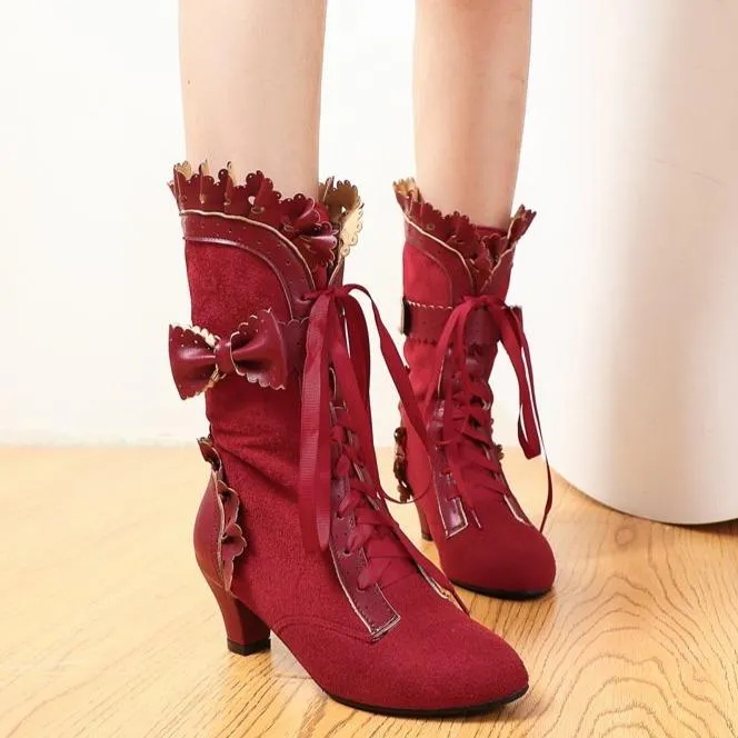 Women cute bowknot hollow flower lace up chunky heel mid calf boots