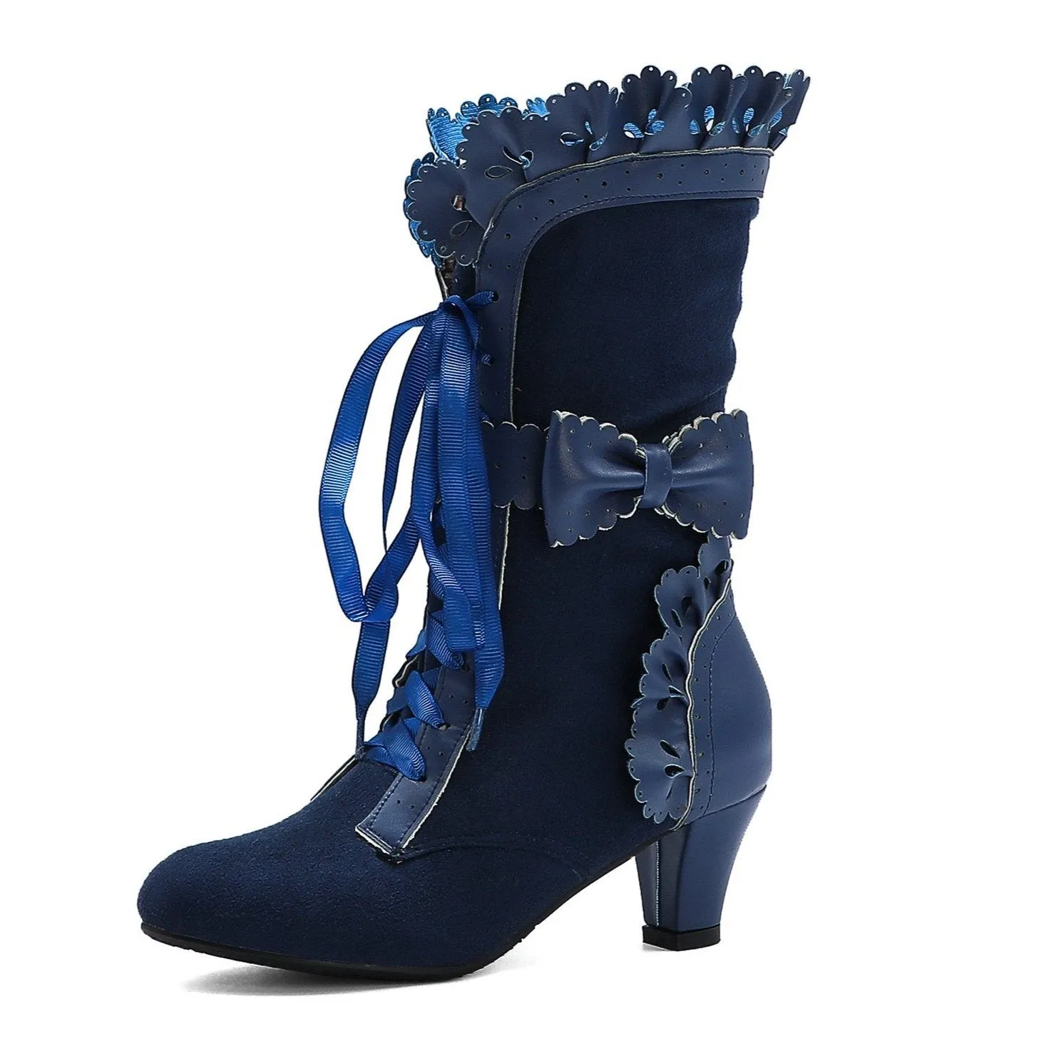 Women cute bowknot hollow flower lace up chunky heel mid calf boots