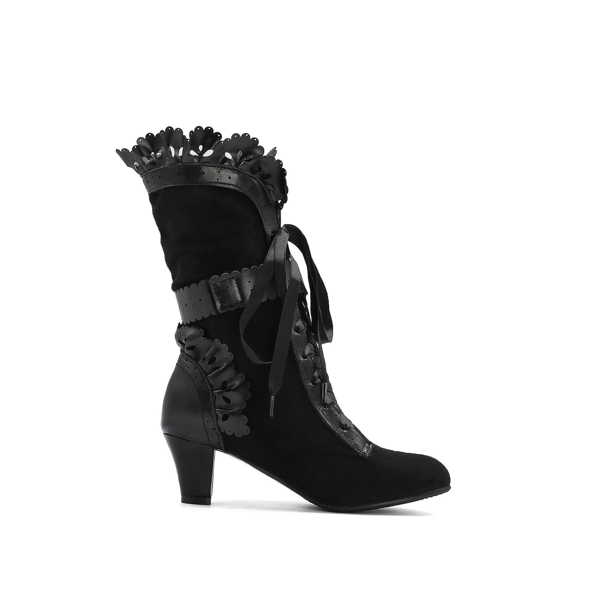 Women cute bowknot hollow flower lace up chunky heel mid calf boots