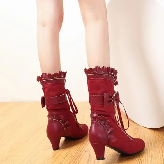 Women cute bowknot hollow flower lace up chunky heel mid calf boots