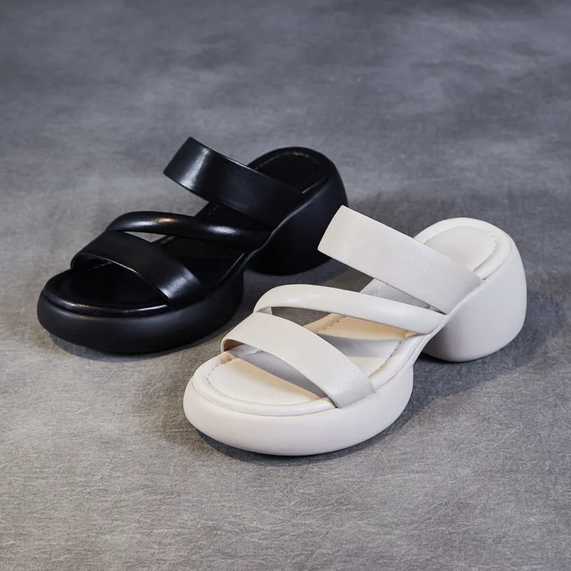 Women Minimalist Soft Leather Wedge Slides Sandals