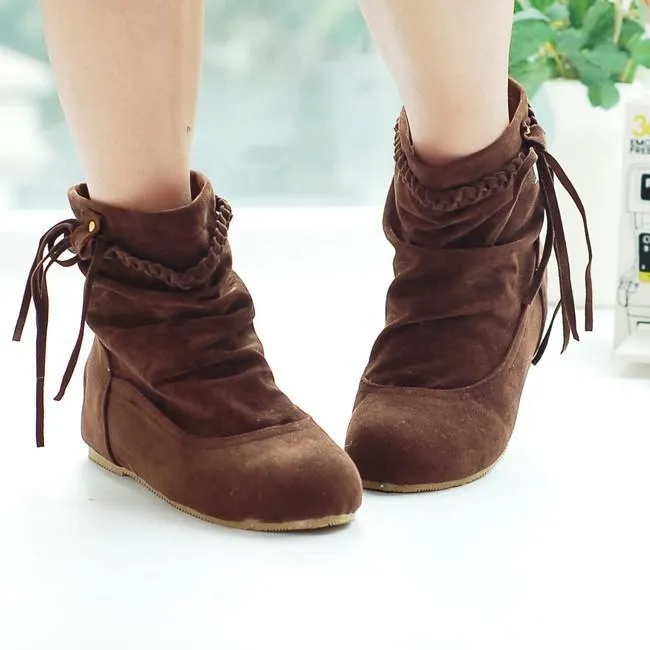 Women short woven strap fringed slip on flat boots