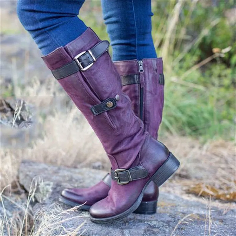 Women side zipper buckle strap chunky heel knee high boots